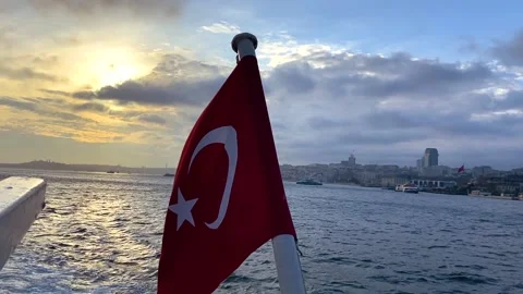 Turkey flag on the background of a beautiful sunset. Turkish flag on the Stock Footage 201152917