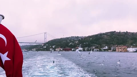 Turkey flag close-up. Turkish flag on the background of the Bosphorus close-up. Stock Footage 201152941