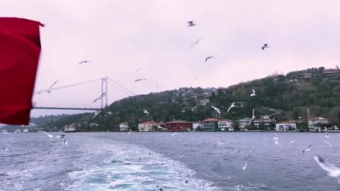Turkey flag close-up. Turkish flag on the background of the Bosphorus close-up. Stock-Footage 214497622