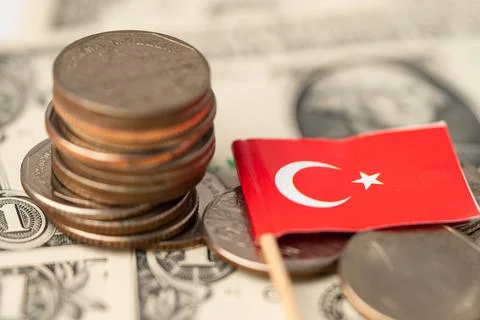 Turkey flag on dollar banknotes background, anking Account, Investment Anal.. Stock Photos
