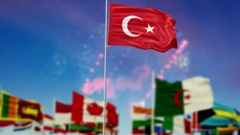 Turkey Flag With Flags Of The World And Fireworks Moring And Night 3D Rendering Stock-Footage 149959952