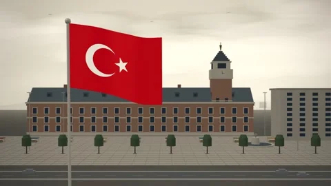 Turkey Flag Flying Over City Hall Clock Tower seamless loop Vídeos de archivo 344786928