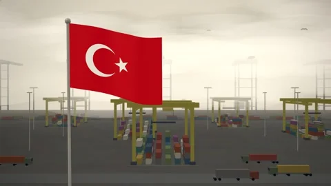Turkey Flag Flying Over Container Terminal Stacking Yard seamless loop Видео 344787134