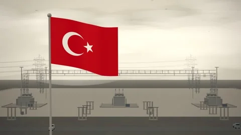 Turkey Flag Flying Over High Voltage Electrical Substation seamless loop 스톡 동영상 344784524