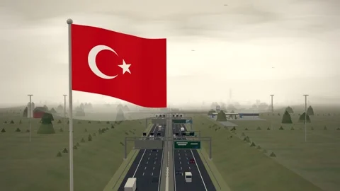 Turkey Flag Flying Over Interstate Highway Rural Traffic seamless loop Video stock 344787231