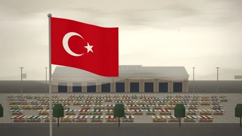Turkey Flag Flying Over Open Air Market Stalls seamless loop Video stock 345876555