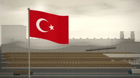 Turkey Flag Flying Over Paper Mill Log Yard seamless loop Stock Footage 345379546