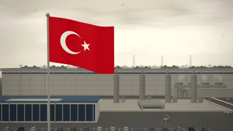 Turkey Flag Flying Over Semiconductor Fabrication Plant Cleanroom seamless loop Stock Footage 344787378