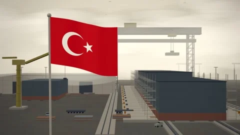 Turkey Flag Flying Over Shipyard Building Berth Gantry seamless loop Vídeos de archivo 344847023