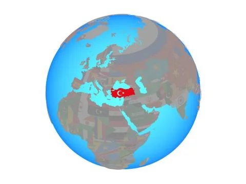 Turkey with flag on globe isolated Illustrazione stock