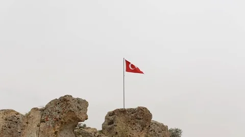 Turkey Flag On The Rock. Middle Shoot Stock Footage 123669305