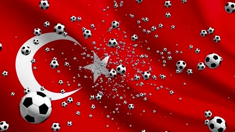 Turkey Flag Waving Background with Spinning Soccer Balls Loop Stock Footage 335576943