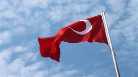 Turkey Flag Waving in Breeze with Blue Sky and Clouds Stock Footage 34241805
