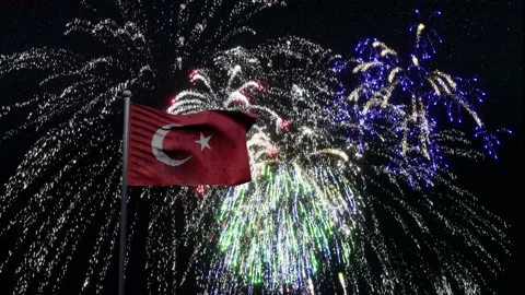 A Turkey flag waving in night sky with fireworks background Stock Footage 155302435