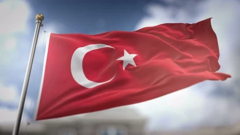 Turkey Flag Waving Slow Motion 3D Rendering Blue Sky Background - Seamless .. Stock Footage 75545796