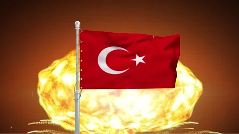 Turkey flag waving slowly in front of massive nuclear bomb mushroom cloud e.. Stock Footage 341868812