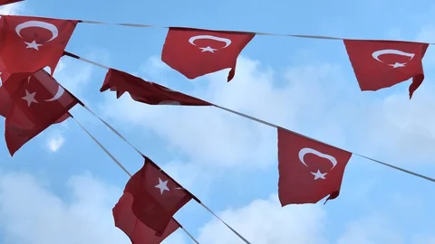 Turkey flags on sky background with clouds. Stock Footage 129199487