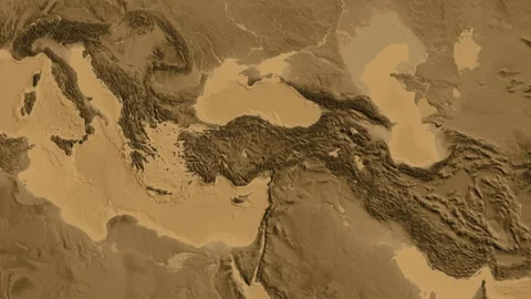 Turkey on the globe. Regional borders. Sepia elevation. Labels Stock Footage 337788351
