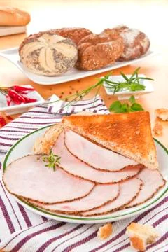Turkey ham slices with bread. Stock Photos