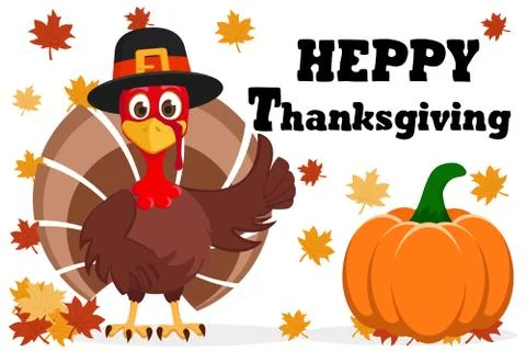 Turkey in hat shows like on a white with pumpkin and autumn leaves. Thanksgiving Stock Illustration