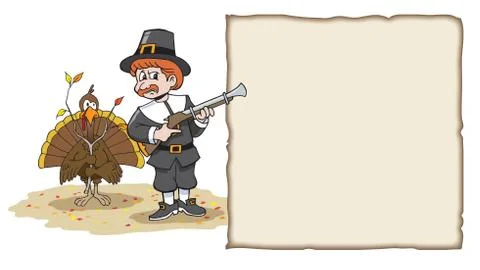 Turkey Hiding from pilgrim with tree branch Stock Illustration