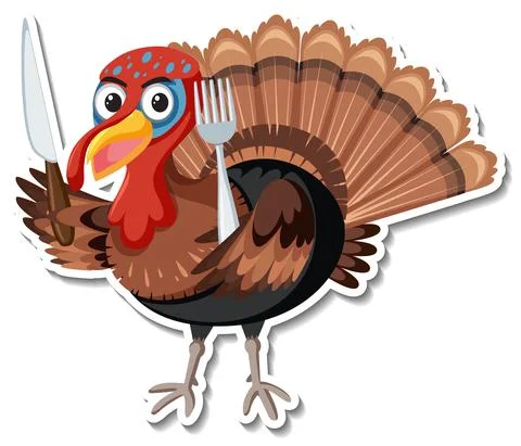 Turkey holding fork and spoon cartoon character sticker Illustrazione stock