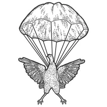 Turkey is hovering in a parachute. Engraving vector illustration. Stock Illustration