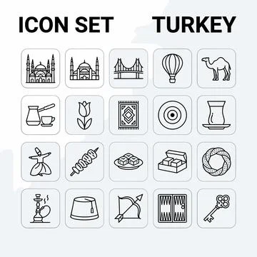 Turkey icon set with famous landmarks, cultural symbols, and traditional it.. Stock Illustration