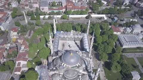 Turkey Istanbul Blue Mosque pullback drone flyover shot in summer daylight Stock Footage 245416647