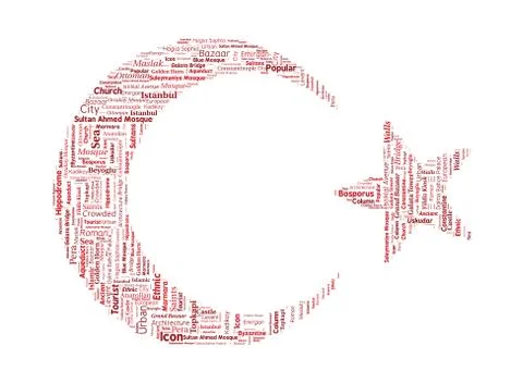 Turkey Istanbul Word Cloud inside Crescent and Star Shapes Stock Illustration