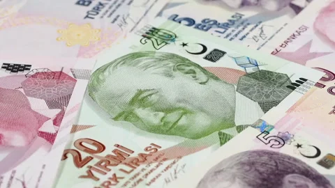 Turkey lira notes slow rotating. Turkish money, currency. Low angle Stock Footage 103951577
