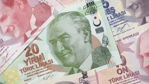 Turkey lira notes slow rotating. Turkish money currency Stock Footage 103951652