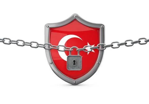 Turkey lockdown concept. Shield with lock and chain. 3D Render Illustrazione stock