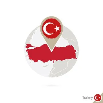 Turkey map and flag in circle. Map of Turkey, Turkey flag pin. Map of Turke.. Stock Illustration