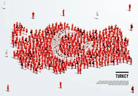 Turkey Map and Flag. A large group of people in Turkish flag color. Stock Illustration