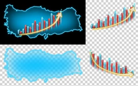Turkey map blue glow with chart inflation increase and down.  Stock Illustration