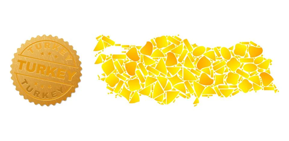 Turkey Map Collage of Gold Elements and Textured Turkey Stamp Illustrazione stock