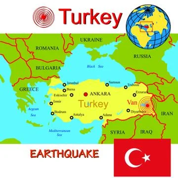 Turkey map with epicenter earthquake. Stock Illustration