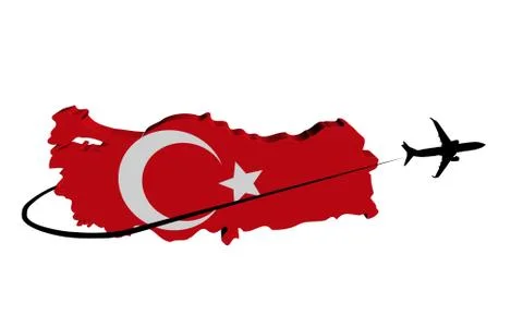 Turkey map flag with plane silhouette and swoosh 3d illustration Stock Illustration