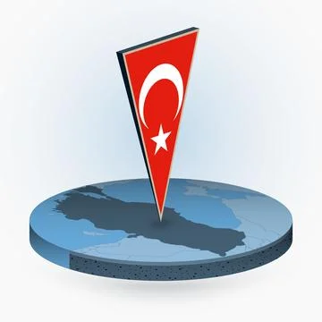 Turkey map in round isometric style with triangular 3D flag of Turkey Stock Illustration