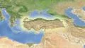 Turkey outlined and glowed. Neighbourhood. Satellite 4k or 4k+ Resolution