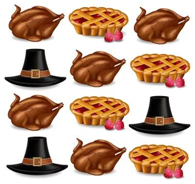 Turkey, pie and a hat Vector realistic pattern. Thanksgiving symbols traditio Stock Illustration