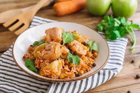 Turkey Pilaf. Large plate of second course. A home-cooked meal Stock Photos