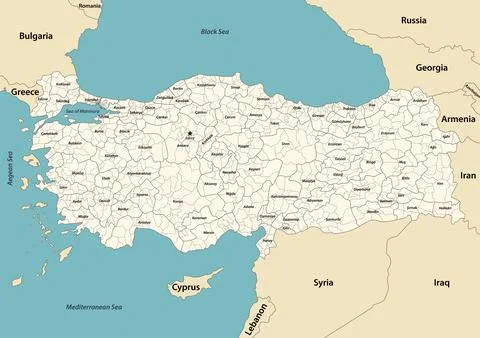 Turkey provinces and districts vector map with neighbouring countries Stock Illustration