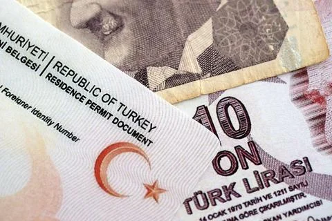Turkey residence permit card document and turkish liras money bills banknotes Stock Photos