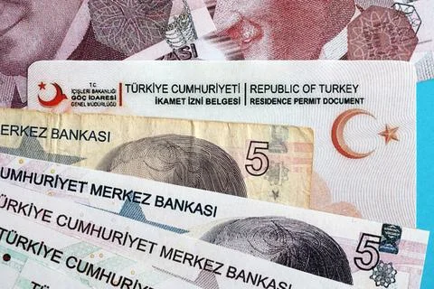 Turkey residence permit card document and turkish liras money bills banknotes Stock Photos