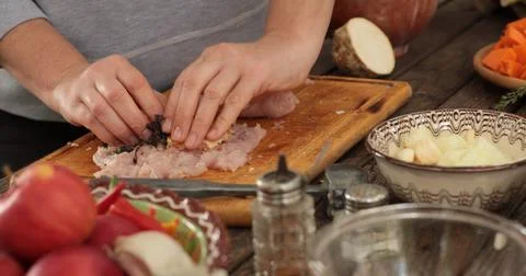 Turkey roll cooking process at home kitchen using fresh ingredients and Stock Photos