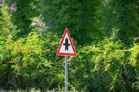 Turkey, Serik: Priority road intersection warning sign on countryside road Stock Photos