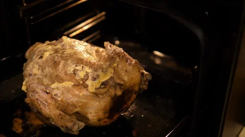 Turkey in Tray cooking. Closing open Oven. Family food preparation for Christmas Stock Footage 129104612