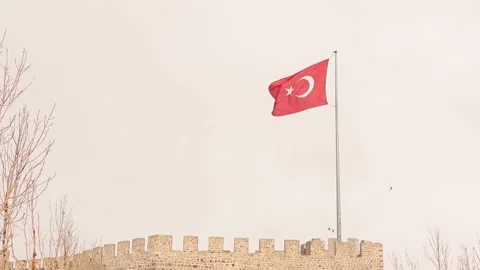 Turkey. Turkish flag flutters in the wind over Erzurum Castle (Erzurum Kalesi) Stock Footage 170941445